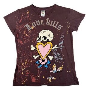 Ed Hardy Womens Love Kills Slowly Skull T-Shirt Brown Bleach Wash Medium y2K fit
